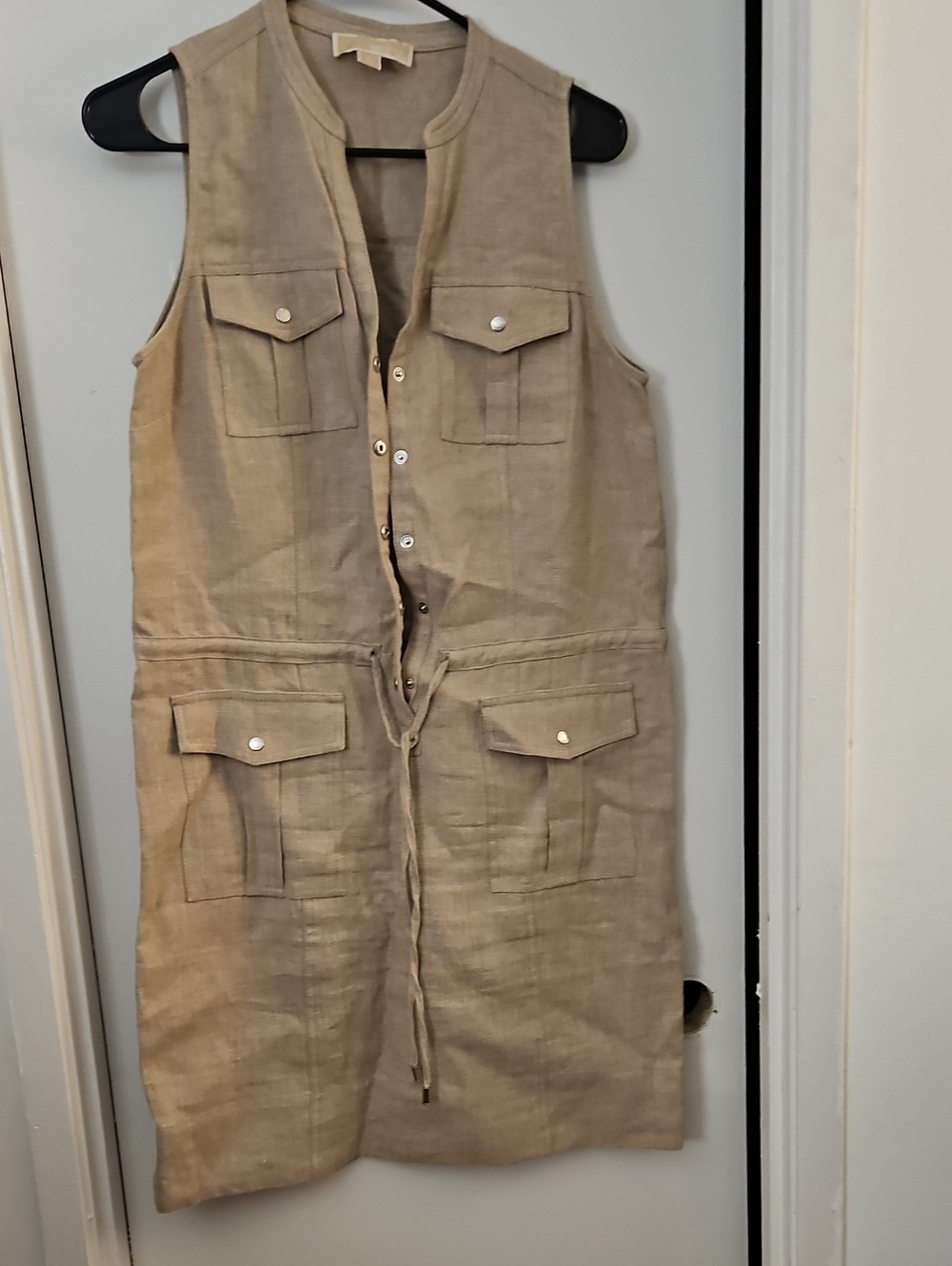 Michael Kors Sleeveless Utility Linen Dress in Khaki